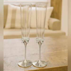 Kate Spade Silver Champagne Flutes with Bow Accents